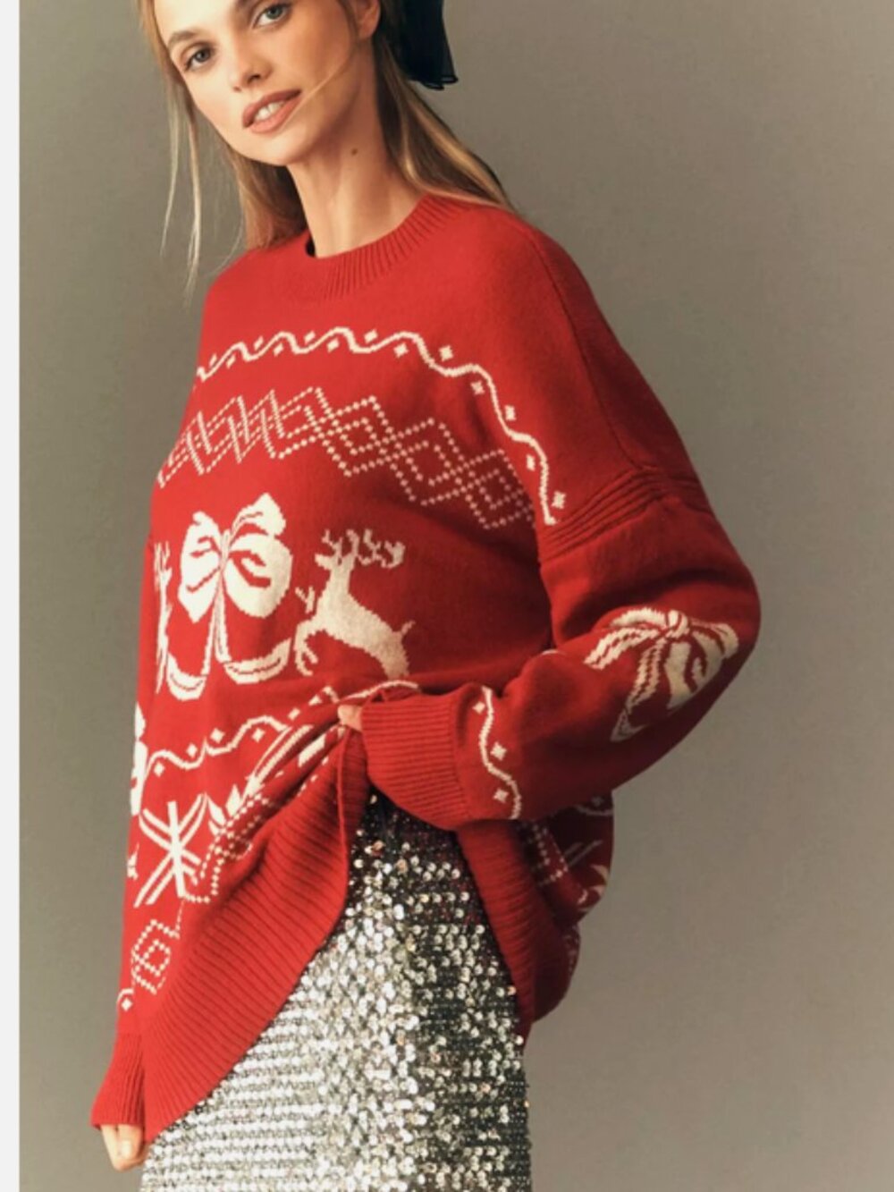 Anthropologie Maeve Oversized Reindeer Graphic Sweater Christmas Holiday XL NWT